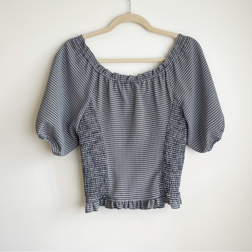 1 State prairie puff sleeve milkmaid blouse plaid gingham country preppy smocked - Picture 3 of 6